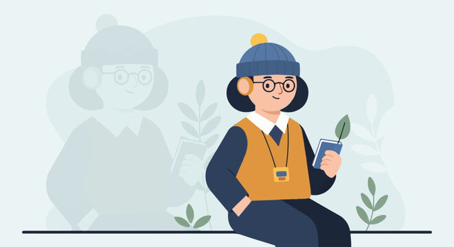 Cheerful person in winter hat with book and plant, ghosted background