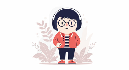 A cheerful, cartoon-style character with headphones and glasses stands amid stylized foliage