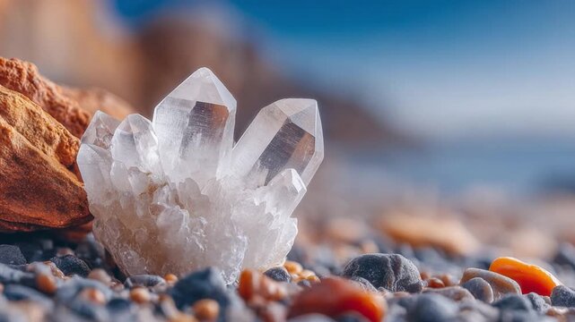 Crystalline Jewel: A close-up view unveils a cluster of transparent quartz crystals, gleaming amidst a backdrop of natural elements and soft focus.