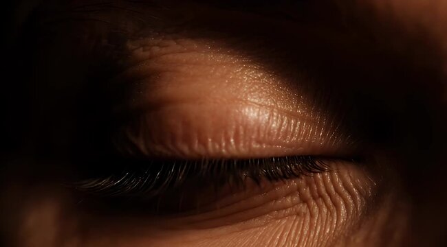 Close up of a wrinkled closed human eye in dark shadow