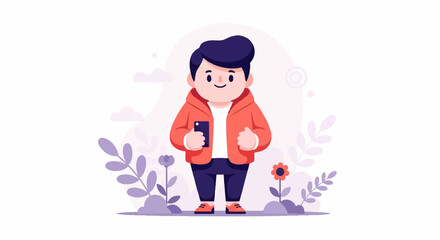 Fototapeta premium A cheerful, stylized child in a red jacket and blue pants holds a smartphone