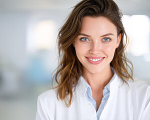 Obraz premium A confident young woman with blue eyes and light brown hair, wearing a white lab coat, smiling warmly in a bright, blurred indoor setting.