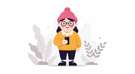 Cartoon character in a pink hat, yellow sweater, and glasses holding a phone