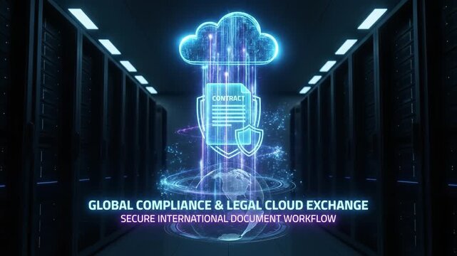 Global compliance legal cloud exchange secure international data document workflow with holographic contract shield and glowing cloud network above server room linking to digital globe