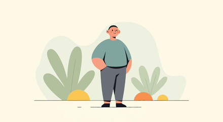 A cheerful, chubby individual with hands in pockets stands amidst stylized greenery and semicircles © Vera