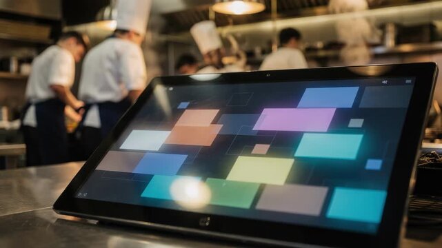 Medium frame capturing the interactive smart screen flashing colorcoded priorities chefs moving in the background softly out of focus