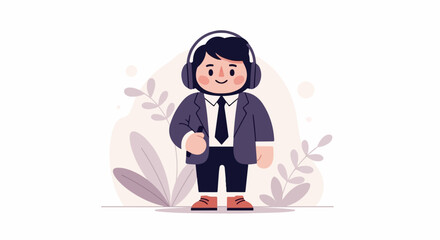 A cheerful person in a suit wears headphones and stands amidst abstract foliage