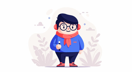 A chubby cartoon character wearing glasses, red headphones, and a scarf, holding a pen
