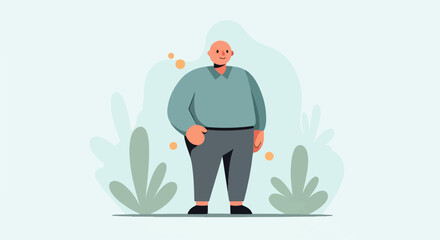 A bald man in casual clothes stands between two stylized plants © Vera