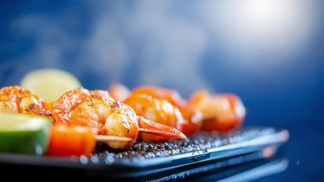 Succulent Skewers:  Close-up of flavorful shrimp skewers grilling to perfection, exuding an inviting aroma, set against a blurred blue backdrop, perfect for culinary and food-related projects.