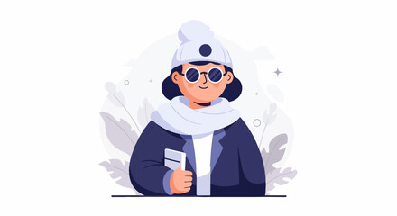 Stylized portrait of a person in winter attire, holding a book, with abstract foliage
