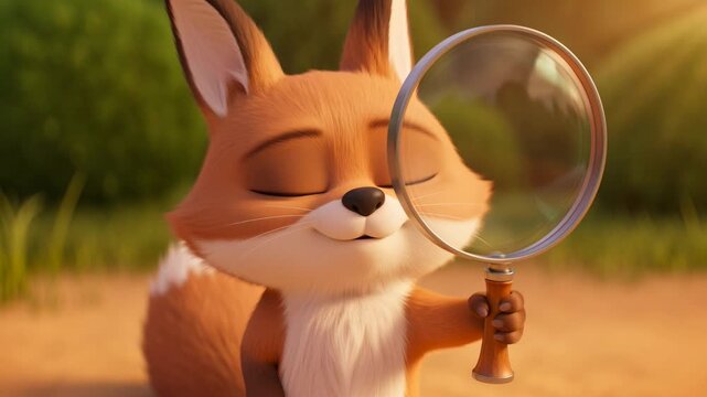 Animated fox character holding magnifying glass outdoors in bright sunlight exploring searching for clues cute digital rendering
