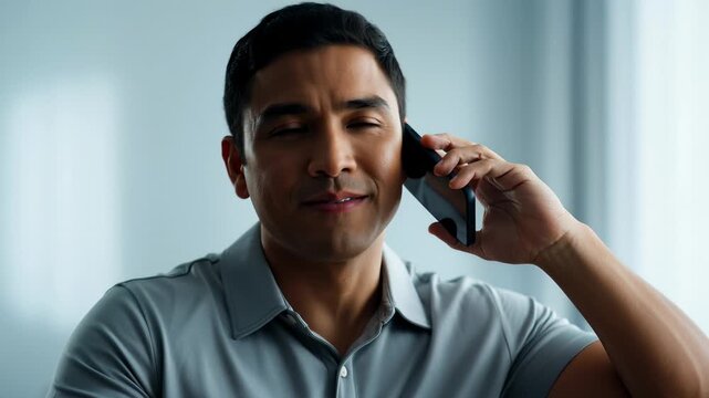 Man Talking on Mobile Phone Experiencing Mixed Emotions From Surprise to Happiness