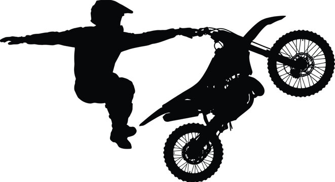 Dirt Bike Whip Trick Silhouette Vector Motocross Freestyle Extreme Sport Stunt Rider Black Figure Isolated