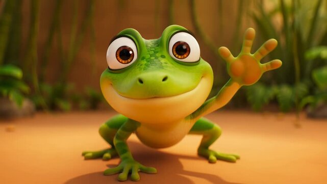 Animated green tree frog waving hello friendly cartoon amphibian character illustration with big eyes and cute smile 3d rendering