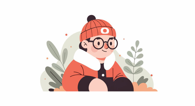 Cartoon character in winter attire with glasses and a beanie, surrounded by foliage