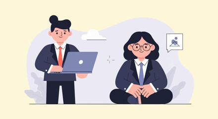 Two business people, one standing with laptop, the other sitting, against abstract background