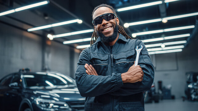Smiling mechanic in a garage holding a wrench, wearing sunglasses and a dark jumpsuit, standing confidently in front of a black car under bright ceiling lights.