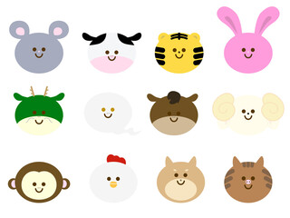 Fototapeta premium シンプルでかわいい丸顔の十二支イラストセット パステルカラーの干支動物 白蛇ver