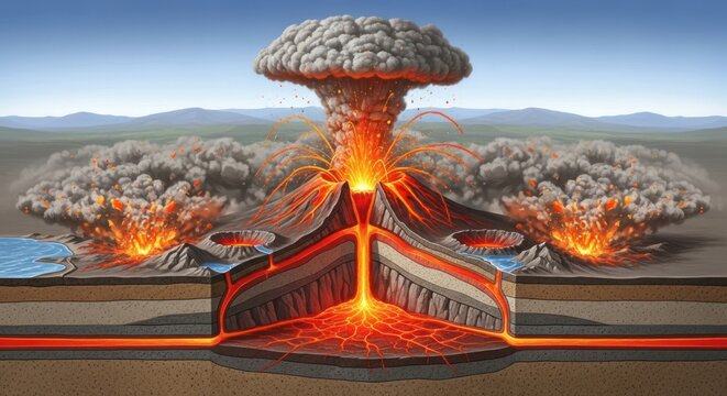 Volcanic eruption cross-section showing lava flow, layers, and surrounding landscape