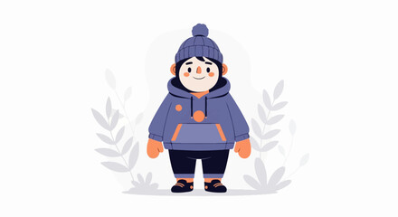 A cheerful cartoon child in a warm winter outfit with mittens, hat, and boots stands amidst simple foliage