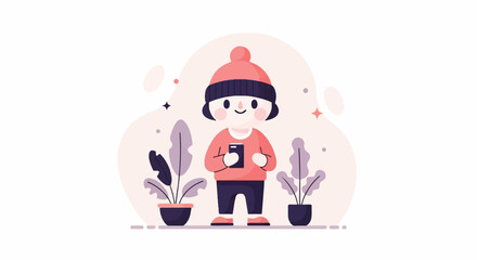 Obraz premium A cartoon child in a beanie and sweater holds a phone surrounded by potted plants
