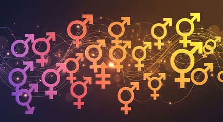 Illustration of male, female, and transgender symbol arrangement with connecting line and light effect, representing gender identity, diversity and inclusion
