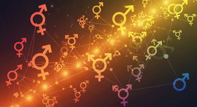 Abstract background with gender symbols connected by lines and dots, creating a network, representative of gender identity, relationships, and connection