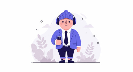 Fototapeta premium Cartoon character in a beanie and headphones holding a phone, standing in a minimalist landscape