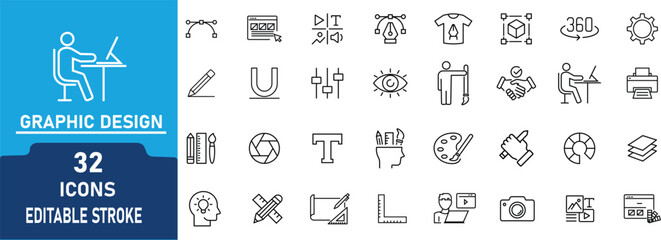 Graphic Design Line Icons set. Contain to related icons  Collection, Web, Print , Design Tools,and more. Editable Stroke Vector © PixiLine
