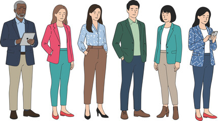 Obraz premium Flat line art character set featuring diverse business colleagues standing together representing teamwork equality and global corporate culture.