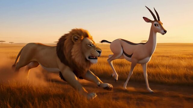 Animated lion chasing gazelle in african savannah sunrise animation depicting predator prey relationship and wildlife scenario in an artificial world
