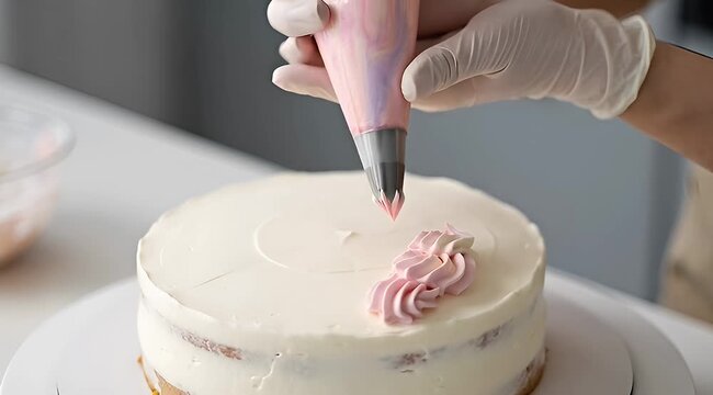Close up of cake decorating with pink and white frosting using piping bag