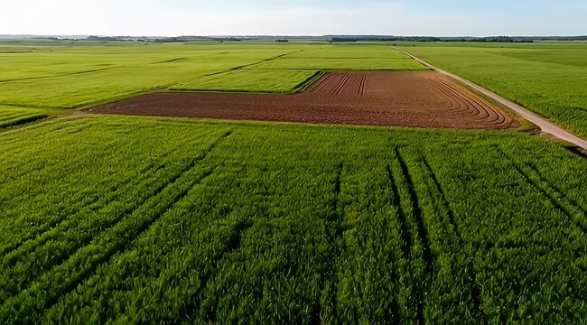 Vibrant aerial view of rural farmland showcasing green fields and soil patches