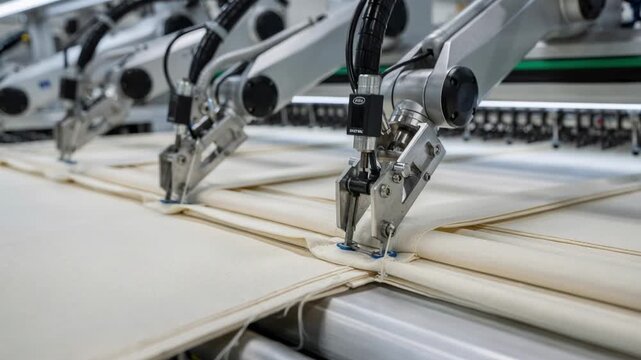 Robotic arms working in tandem to feed and position fabric hems accurately showcasing efficiency in textile automation processes.