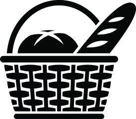 Fototapeta premium Bakery Bread Basket Silhouette Vector Wicker Basket Baguette Round Loaf Fresh Baked Goods Black Illustration Isolated