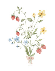 Watercolor bouquet of meadow wildflowers. Forget me not, violet, strawberries © Kate K.