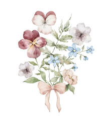 Watercolor bouquet of meadow wildflowers. Forget me not, violet, bow © Kate K.