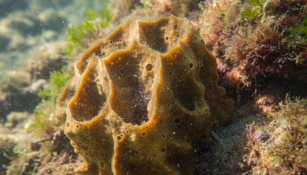 Glistening Porous Sea Sponge Attached to Underwater Rocky Substrate with Grains of Sand