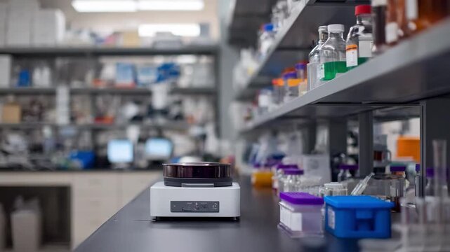Detailed medium shot showcasing a compact lab bench setup with centrifuge and test materials in sharp focus surrounding shelves and equipment subtly blurred