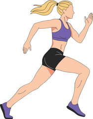 Modern flat line art character of a female runner in purple sportswear jogging for healthy lifestyle and marathon preparation.