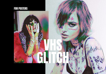 Old VHS Glitch Poster Effect Mockup