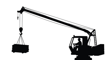 A stark black silhouette of a construction crane lifting a heavy load of stacked materials sharply defined silhouette © ArtBySalea07