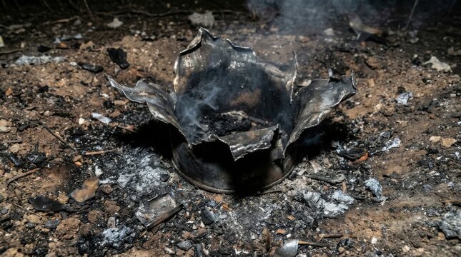 Warped and Detonated Explosive Casing Emitting Smoke Amidst Debris and Ash