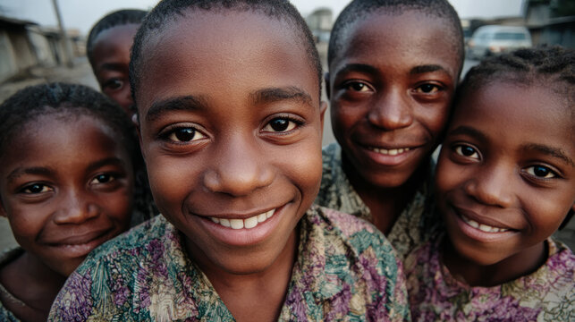 Close-up portrait of happy African children smiling together in a village setting
