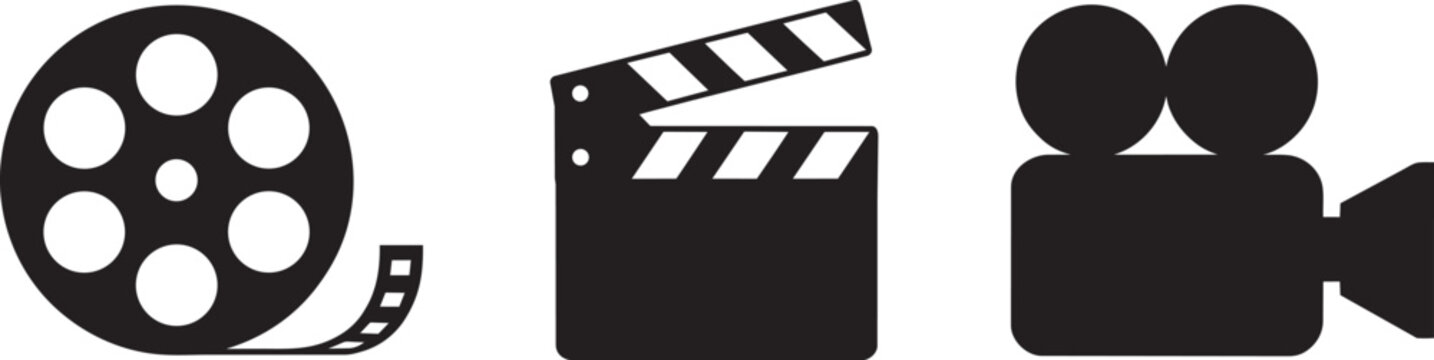 Cinema icons film reel clapperboard and vintage camera isolated on transparent background