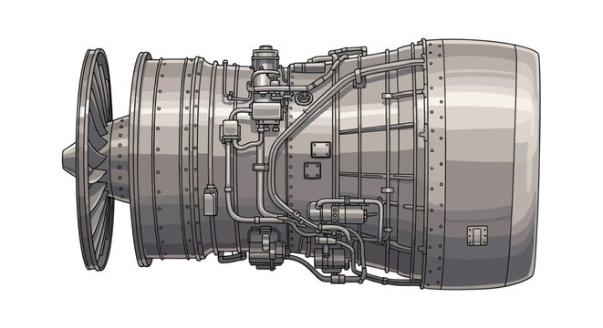 Detailed illustration of a jet aircraft engine on a white background.