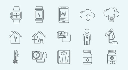 Fototapeta premium Collection of thin line icons related to digital health and medical monitoring.