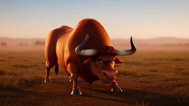 Cartoon animated bull in a field with sunset lighting ready to charge ahead symbolizing strength and determination with a powerful stance
