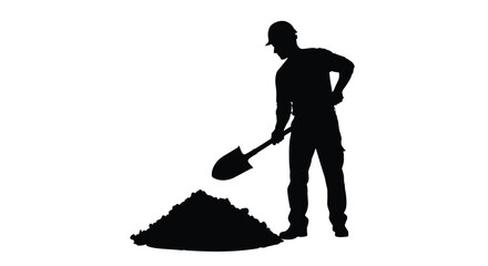 A construction worker stands with a shovel near a pile of earth presented as a striking silhouette high quality © ArtBySalea07
